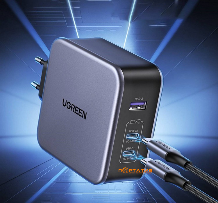 Зарядний пристрій UGREEN CD289 140W 2xType-C PD, USB-A GaN Wall Charger + Type-C PD Cable Grey (90549)