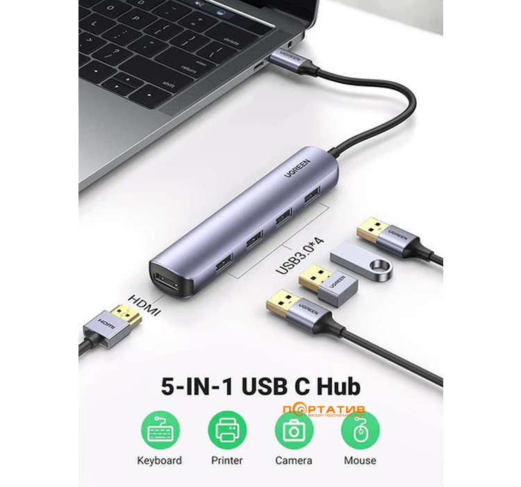 USB-хаб Ugreen CM417 USB-C to 4x USB 3.0, HDMI Adapter Space Gray (20197)