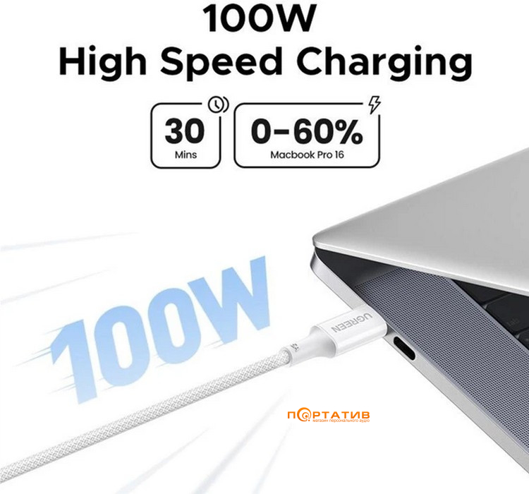 Кабель UGREEN L502 USB-C to USB-C 100W PD Cable 2m White (35221)