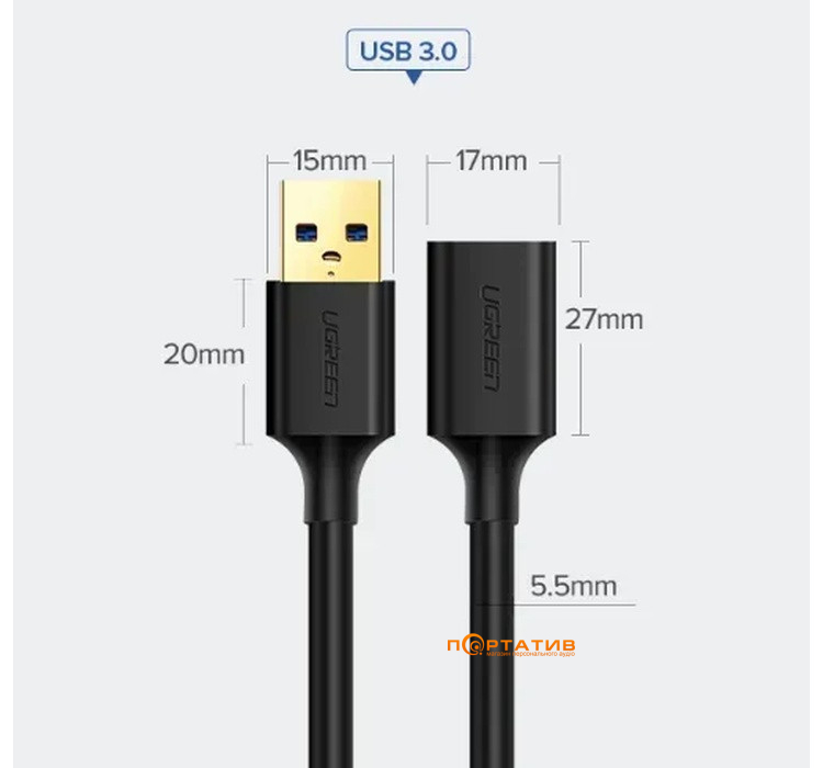 Кабель UGREEN US129 USB 3.0 Extension Male Cable 0,5m Black (30125)