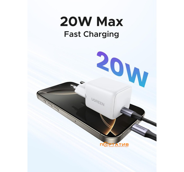 Зарядний пристрій UGREEN X512 USB-C 20W PD GaN Fast Charger White (55554)