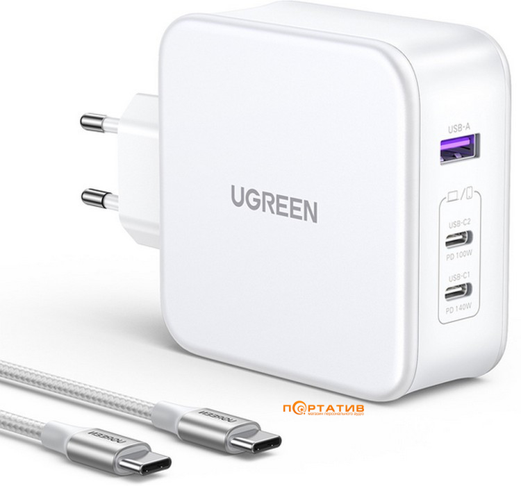 Зарядний пристрій UGREEN CD289 140W 2xType-C PD, USB-A GaN Wall Charger + Type-C Cable White (15339)