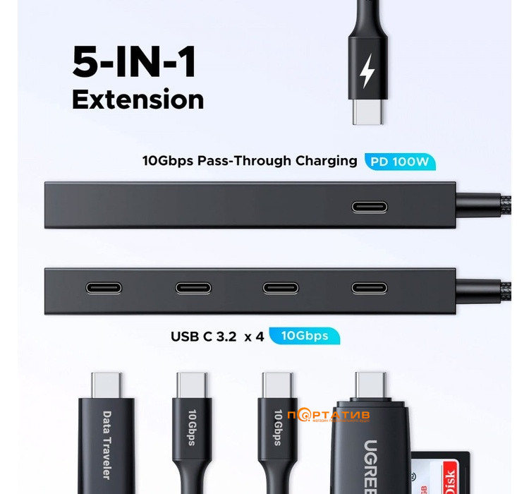 USB-хаб UGREEN CM806 USB-C to 4xUSB-C 3.2 Gen2 10Gbps with PD Power Port Black (55334)