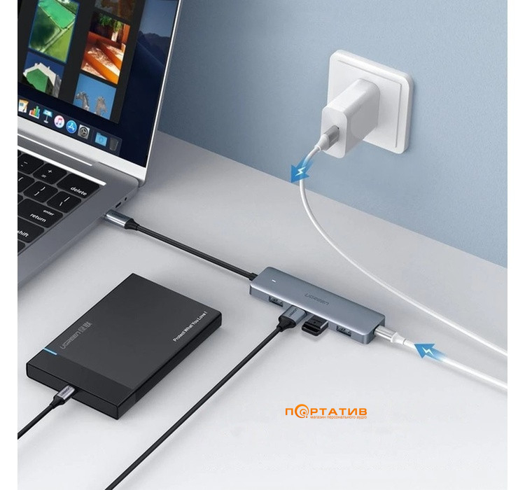 USB-хаб UGREEN CM219 4-in-1 USB Type-C to 4xUSB 3.0 HUB Space Gray (70336)
