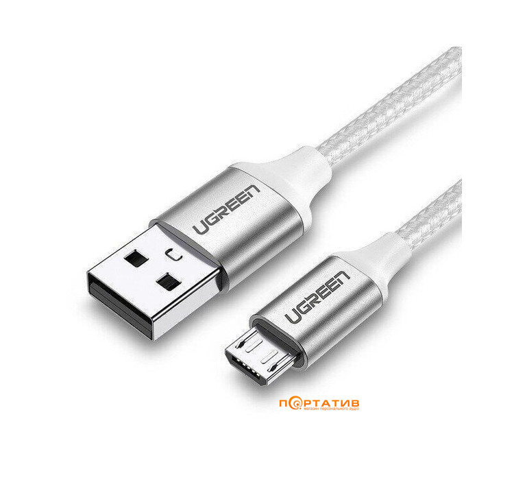UGREEN US290 USB 2.0 to Micro USB Cable Nickel Plating Aluminum Braid 2A 1m White (60151)