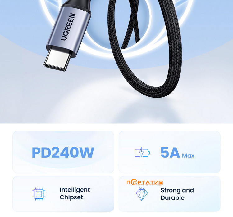 Кабель UGREEN US535 USB-C to USB-C 240W PD Fast Charging Cable 2m Space Gray (90440)