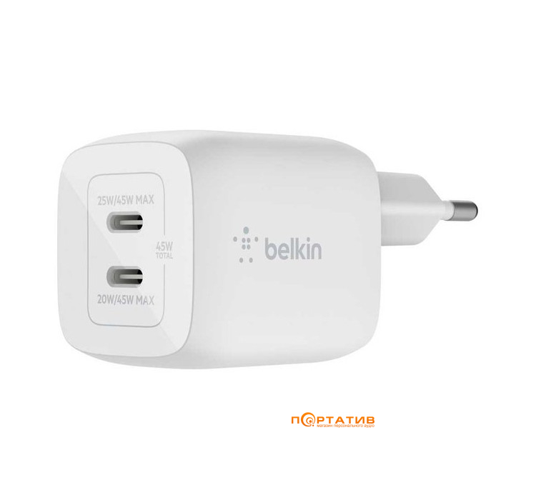 Belkin Home Charger 45W GAN PD PPS Dual USB-С (WCH011VFWH)