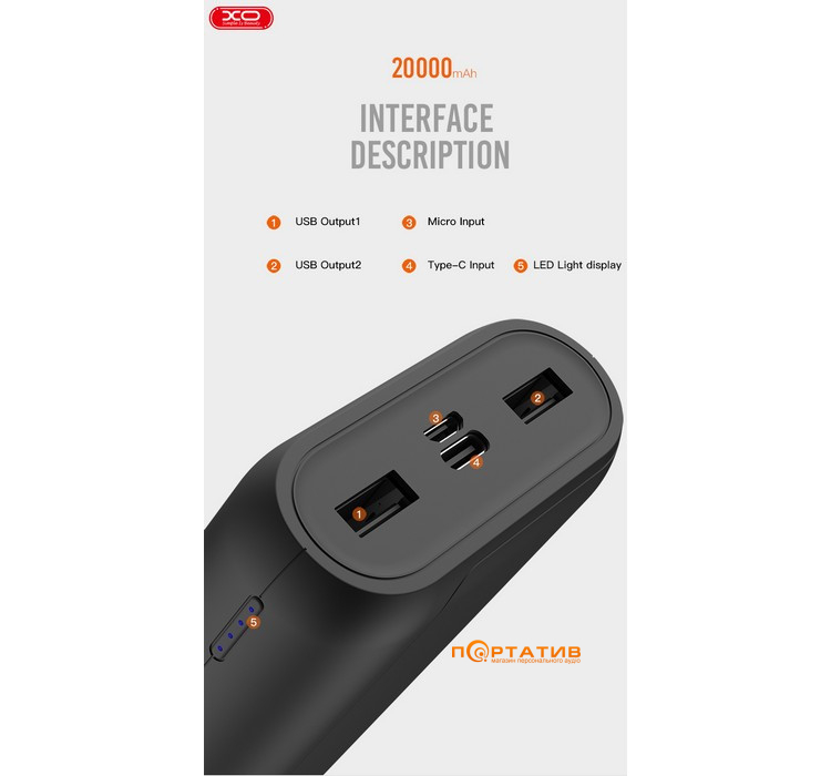 Зовнішній акумулятор XO PR122 20000 mAh White