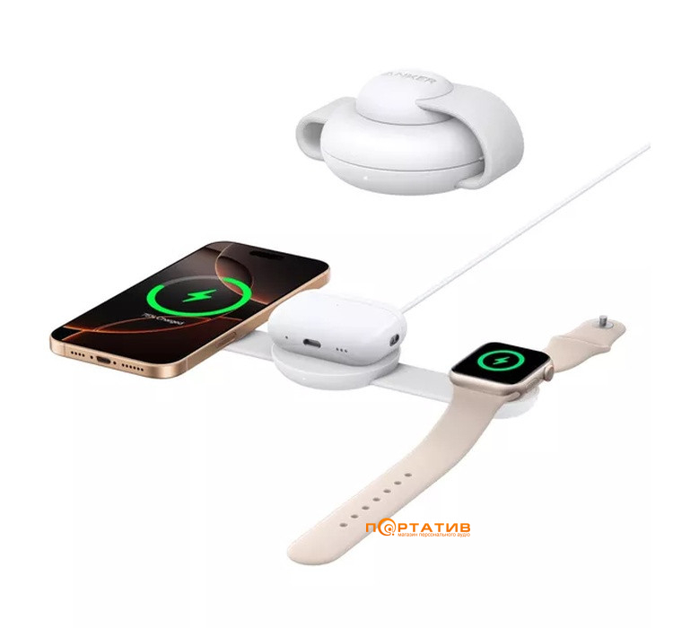 Бездротовий ЗП Anker MagGo 3-in-1 Wireless Charging Foldable Pad 15W Qi2 White (B25M8H21)