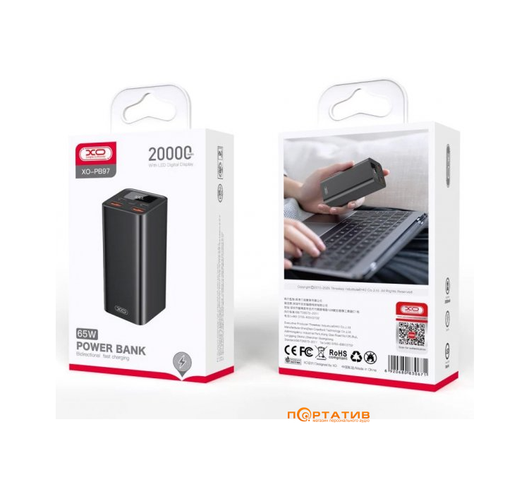 Внешний аккумулятор XO Power Bank PB97 20000 mAh PD65W for Laptop Black