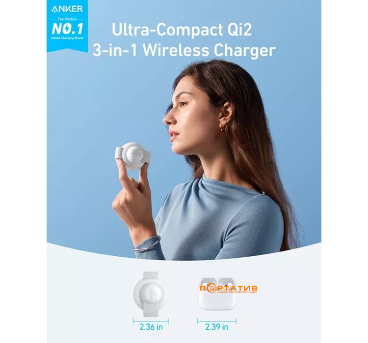 Бездротовий ЗП Anker MagGo 3-in-1 Wireless Charging Foldable Pad 15W Qi2 White (B25M8H21)