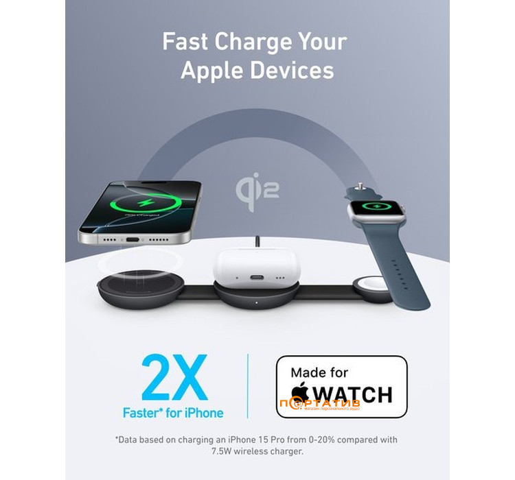Бездротовий ЗП Anker MagGo 3-in-1 Wireless Charging Foldable Pad 15W Qi2 Black (B25M8H11)