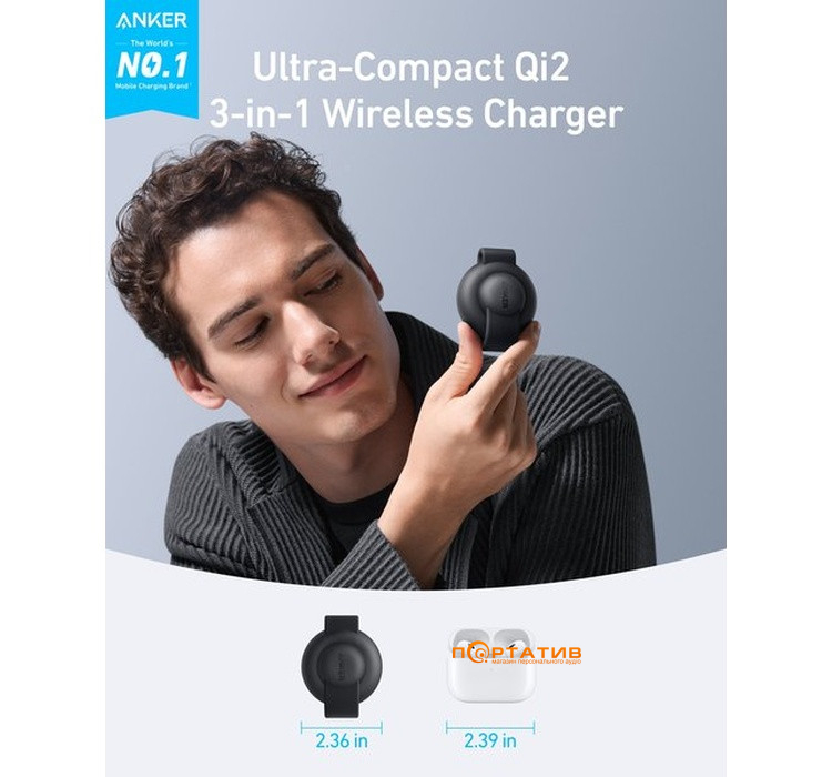Бездротовий ЗП Anker MagGo 3-in-1 Wireless Charging Foldable Pad 15W Qi2 Black (B25M8H11)