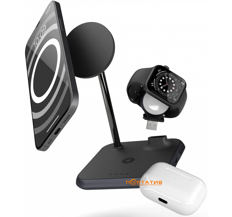 Беспроводное ЗУ Zens 4-in-1 Magnetic + Watch Aluminium Wireless Charger Black (ZEDC20B/00)