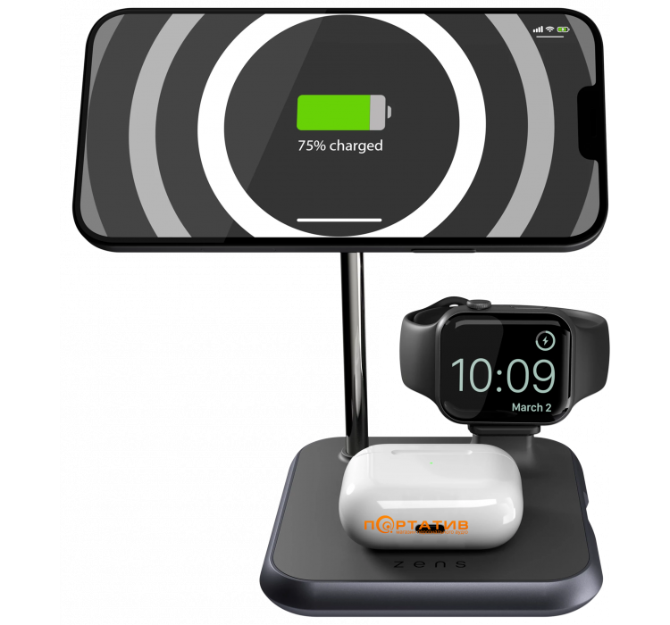 Беспроводное ЗУ Zens 4-in-1 Magnetic + Watch Aluminium Wireless Charger Black (ZEDC20B/00)